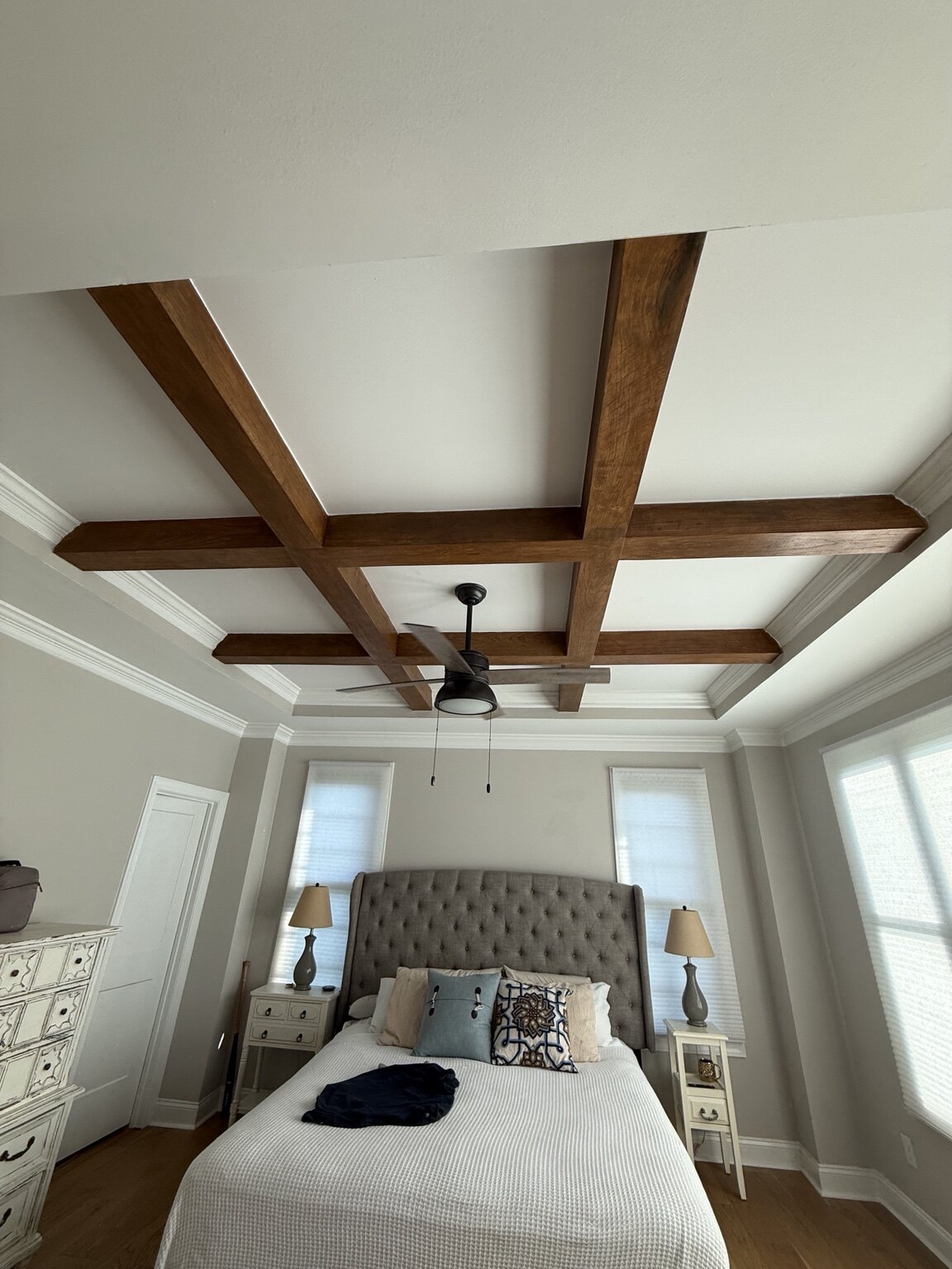Finished cherry coffered ceiling by Hazel Carpentry